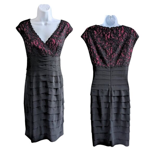 JONES NEW YORK Whimsygoth Black Pink Pleated Lace Masquerade Sheath Dress Sz 10 - Picture 1 of 8